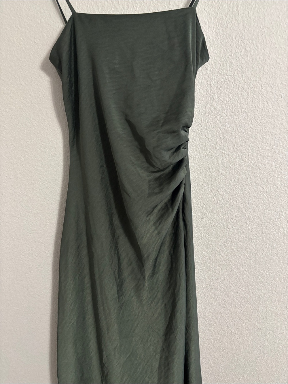 Zara Satin Midi Slip Dress Ruched Side Spaghetti Straps Emerald Green Size XS - Picture 14 of 14